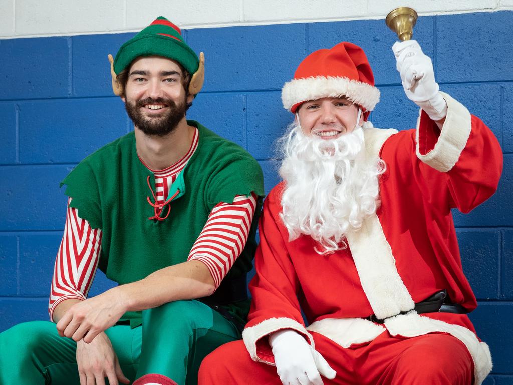 Sydney Kings players Dejan Vasiljevic (dressed as Santa) and Jordan Hunter (dressed as Elf) in a promotion for Sunday’s historic Christmas Day game between Sydney Kings and Melbourne United at Qudos Bank Arena. Picture: Julian Andrews