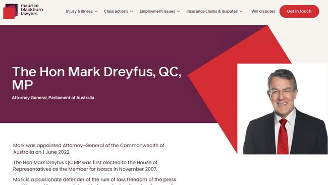 Part of a Maurice Blackburn internet page that promoted the Attorney-General as a team member.