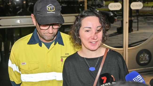 Sonja Maus, right leaves the District Court in Adelaide with her partner. Picture: NCA NewsWire / Brenton Edwards