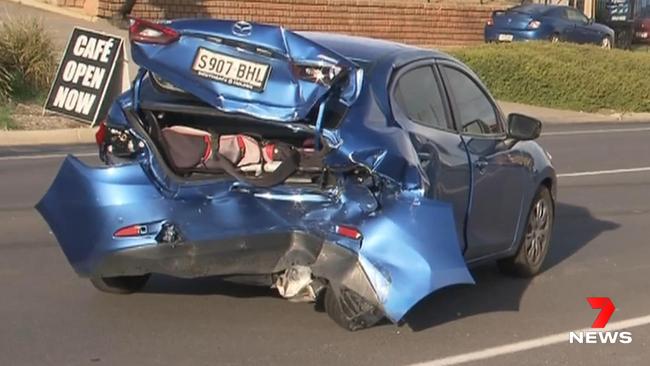 After stabbing Mr Osborne and fleeing in his car, Beatty crashed the Ford Mondeo into a blue Mazda nearby on O’Sullivan Beach Road at Lonsdale before fleeing on foot and stealing another car at knifepoint nearby. Picture: 7 NEWS