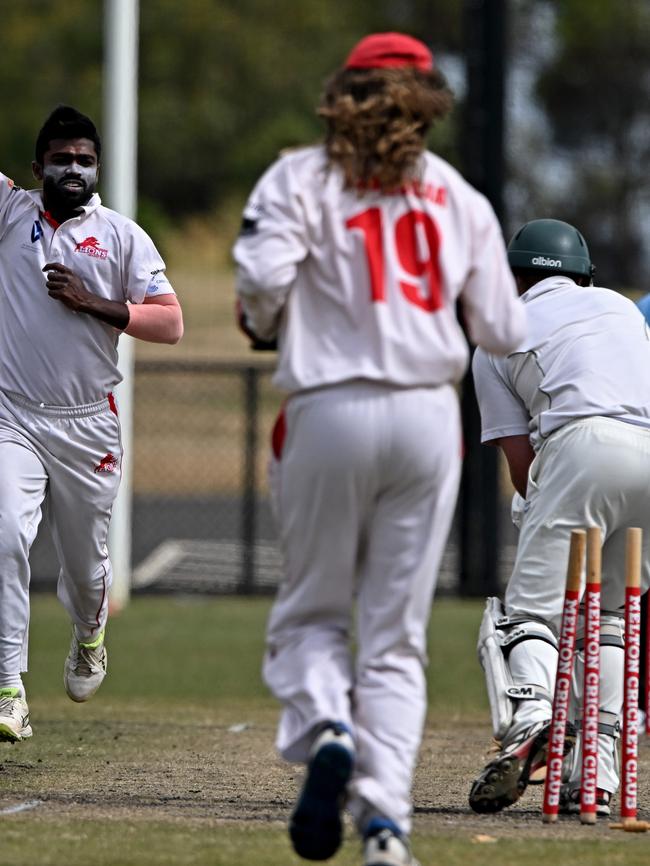 VSDCA: Melton’s Dishan Kanchana removes Hayden Rayner of Box Hill. Picture: Andy Brownbill