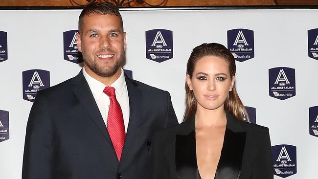 Lance Franklin of the Swans and Jesinta Franklin at the AFL All Australian team announcement at the Palais Theatre in Melbourne. Picture: Scott Barbour/Getty Images