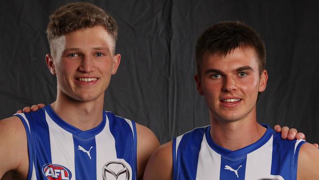 MELBOURNE , AUSTRALIA. November 20, 2023. AFL Draft at Marvel Stadium .  Number 4 pick Zane Duursma (left) and Number 2 pick Colby McKercher  (right) with Harry Sheezel and George Wardlaw . Pic: Michael Klein