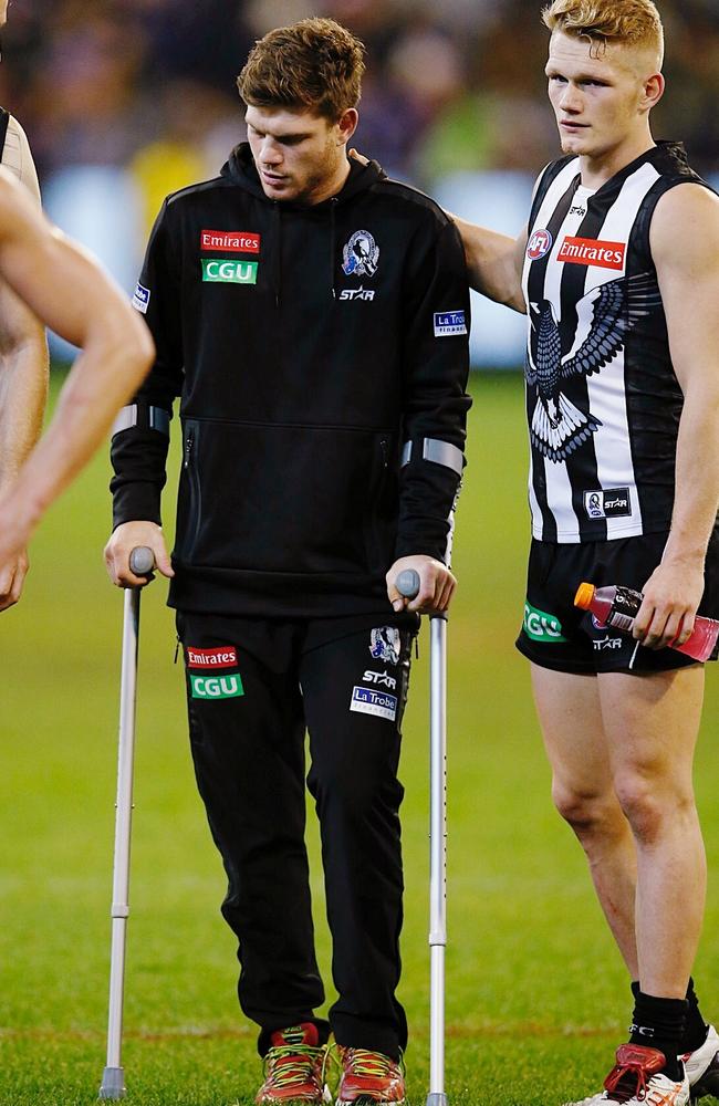 Taylor Adams on crutches after the game. Picture: Michael Klein