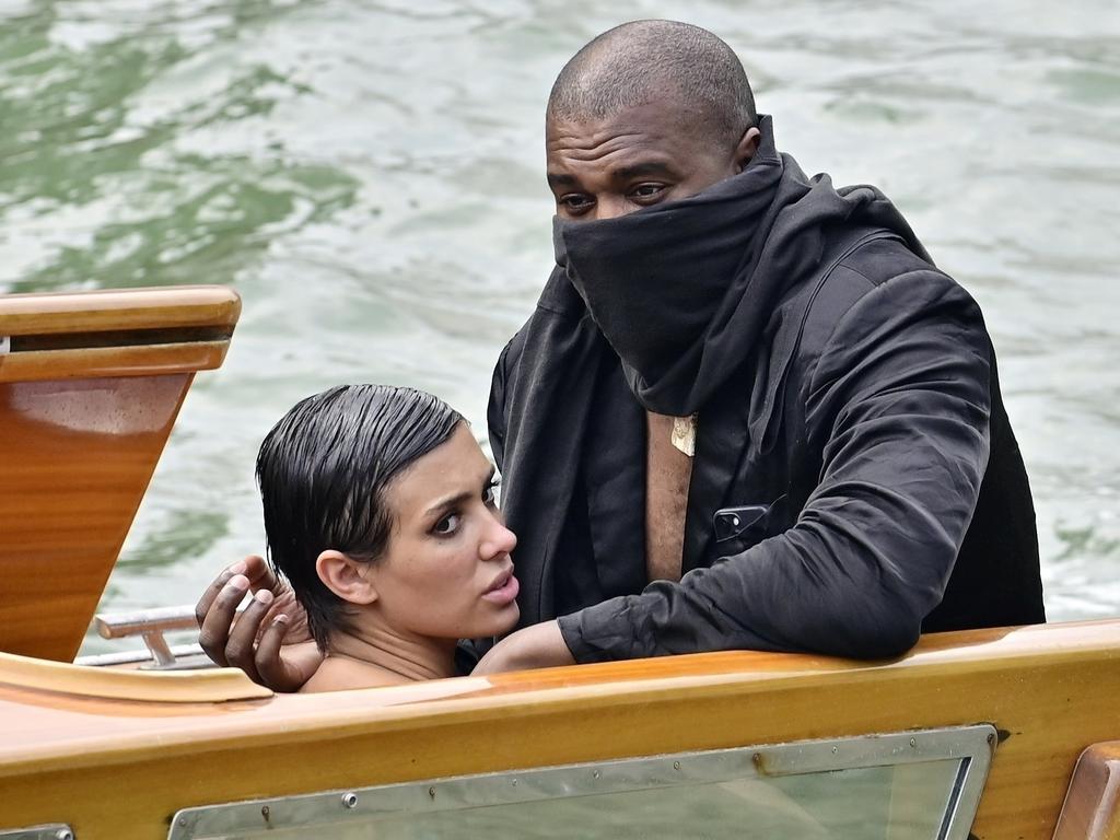 Kanye West unknowingly flashed his bottom to passing tourists while taking a river taxi with his wife Bianca Censori in Venice, Italy. Picture: Backgrid