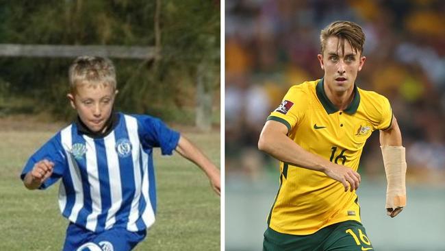 Joel King playing the Shellharbour Junior Football Club as a child, and then for the Socceroos in the 2022 World Cup qualifier against Vietnam.