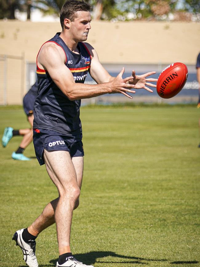 Brad Crouch at Crows pre-season training at West Lakes. Picture: Mike Burton/AAP