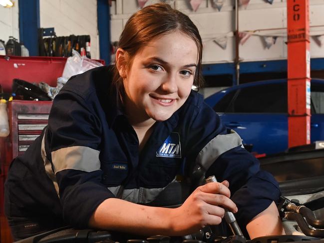 26/8/21. Women making inroads on male apprentices...... Holley Burn is studying a school based apprenticeship, first year, who works at Brian Rooney Auto Service, a small automotive workshop in Somerton Park who specialize in European vehicles.  Picture: Keryn Stevens