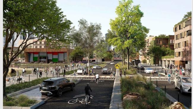 A Render image shows pedestrians, cyclists and cars interacting in a landscaped West Melbourne street