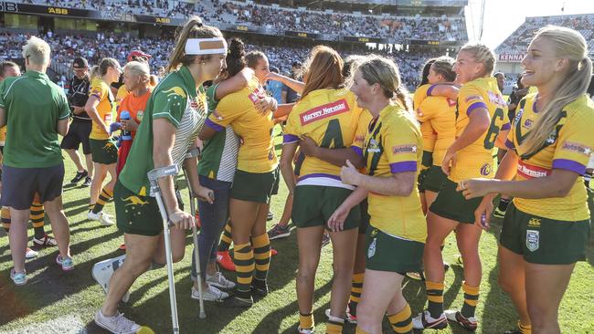 Kezie Apps celebrates with the Jillaroos after the game.