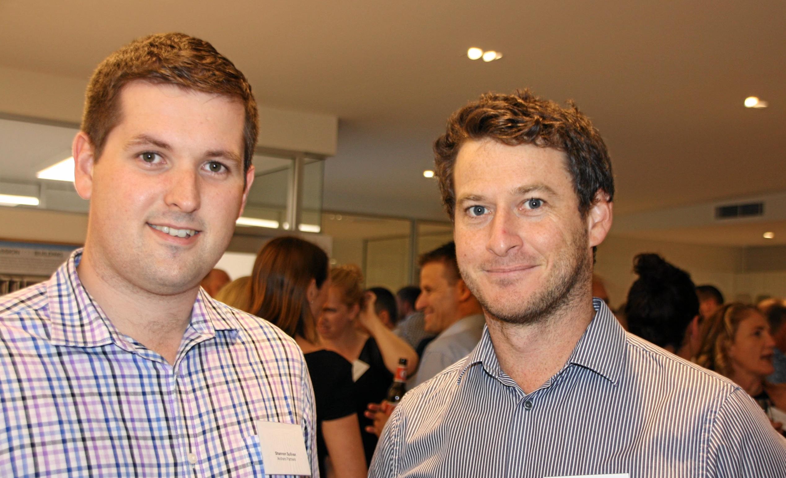 Shannon Sullivan of Archers and Ben Madden-Holmes of Bennett + Bennett at the opening of Mosaic Property Group's new Sunshine Coast office at Duporth Avenue, Maroochydore. Picture: Erle Levey