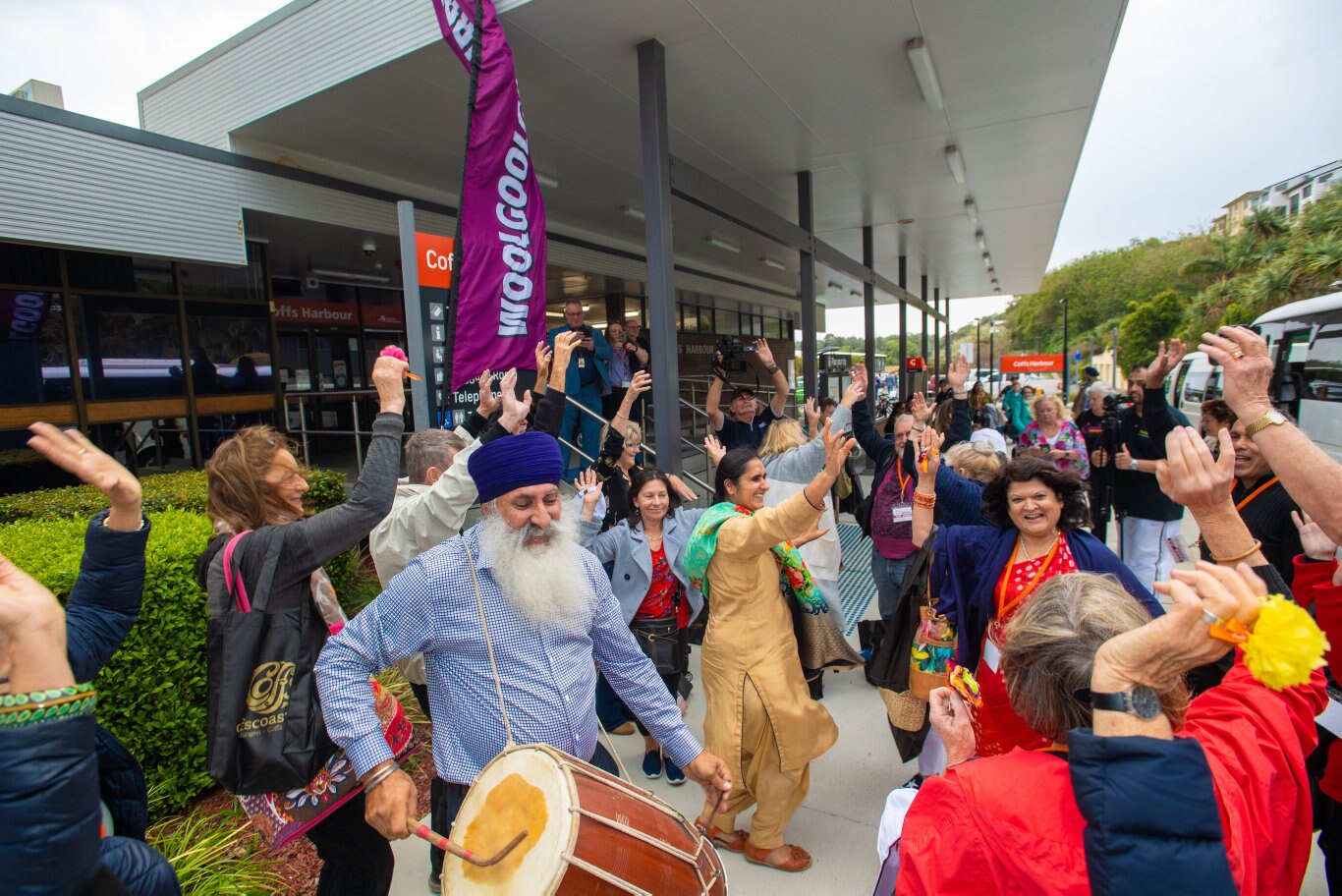 The Bollywood Express rolls into Coffs Harbour Train Station and is welcolmed by the Dance drumming of councillor John Arkan.. 26 SEPT 2019