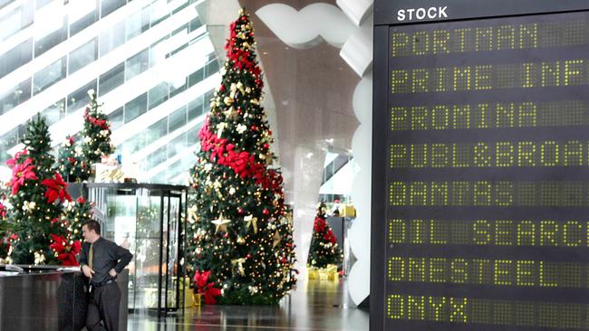 08/12/2004.The Australian Stock Exchange foyer, Riverside Centre, Eagle St, Brisbane City - ASX board and Christmas decorations in the foyer.