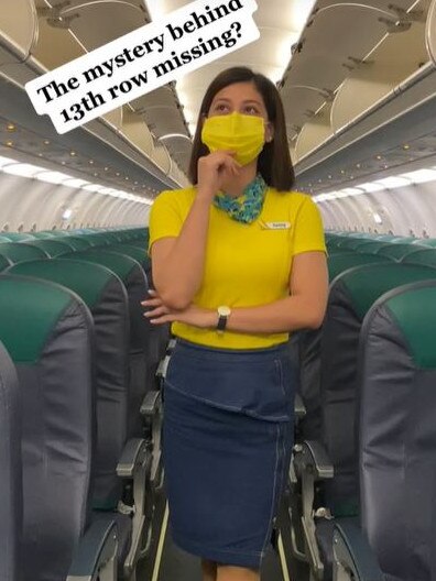 Flight attendant Henny Lim revealed the reason for the missing row number. Picture: @_hennylim_/TikTok