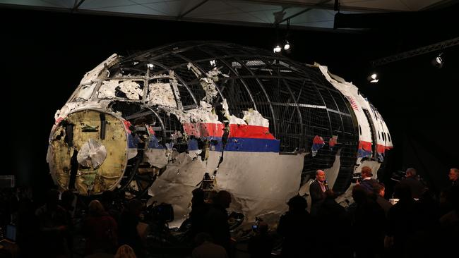 Shell ... The reconstructed MH17 aircraft unveiled at the release of the final Dutch Safety Board report. Pic: Stephen Lock/i-Images