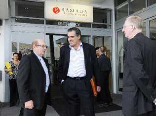 On-site inspection: Taking part in an on-site inspection at the Ramada Hotel and Suites in Ballina before the NSW Land and Environment Court hearing on Monday are (from left) Ballina Shire Council planner Bob Thornton, The Point restaurant owner John Cordina and consultant planner Neil Ingham. Picture: Doug Eaton