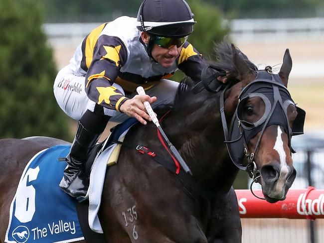 MELBOURNE, AUSTRALIA - DECEMBER 28: Jockey Brett Prebble riding Its Kind of Magic wins Race 7, Leneva Park Handicap during Melbourne Racing at Moonee Valley Racecourse on December 28, 2019 in Melbourne, Australia. (Photo by George Salpigtidis/Getty Images)