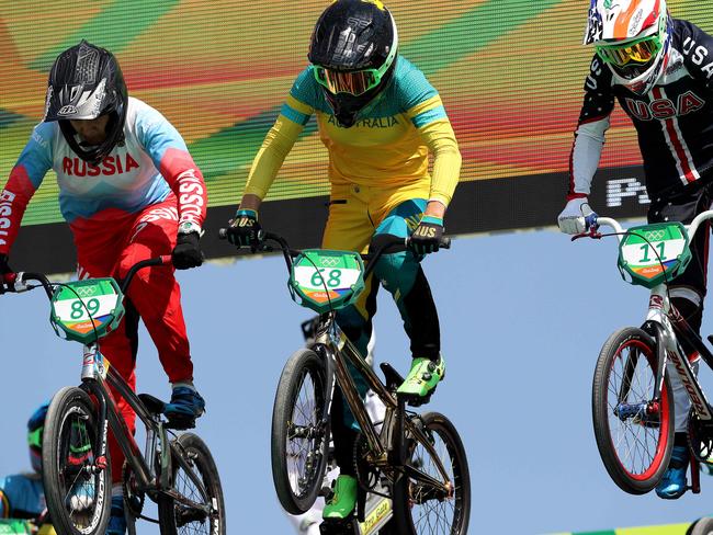 Caroline Buchanan gets some practice in before the BMX seeding run at the Olympic BMX Centre in Deodoro. Picture: Adam Head