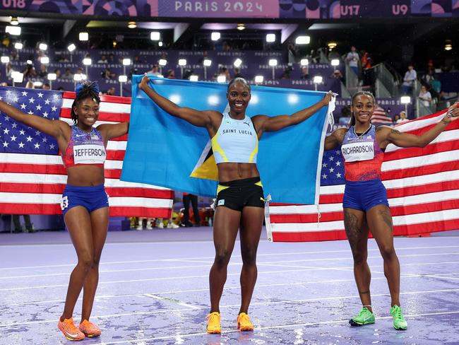 Gold medalist Julien Alfred with silver medalist Sha'Carri Richardson (R) and bronze medalist Melissa Jefferson (L). Picture: Patrick Smith/Getty Images