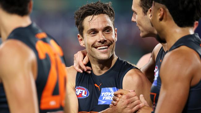 Josh Kelly was a happy Giant after kicking the winning goal against the Swans.