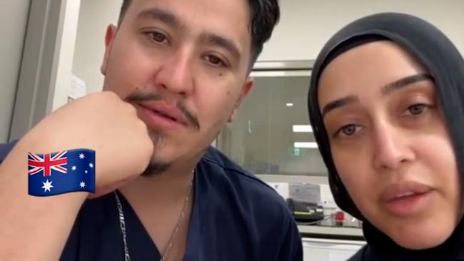 NSW government officials are investigating after a Rashad Nadir and Sarah Abu Lebdeh wearing their NSW Health uniforms were filmed declaring they refuse to treat Israeli people and would “kill them” if they present to their ward.