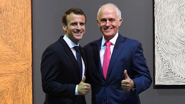 French President Emmanuel Macron and then PM Malcolm Turnbull in Sydney in May 2018. Picture: AAP