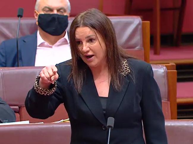 Senator Lambie screeched across the Senate chamber as she repeatedly lashed Mr Morrison and his government for their ‘incompetence.’ Picture: ParlView