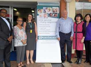 NEW DIGS: Father Chukwudi Chinaka, Karen Maciolek, Nicole Morgan, David Oliver, and Kathy Duff at the Centa Care opening on Kingaroy Street. Picture: Madeline Grace