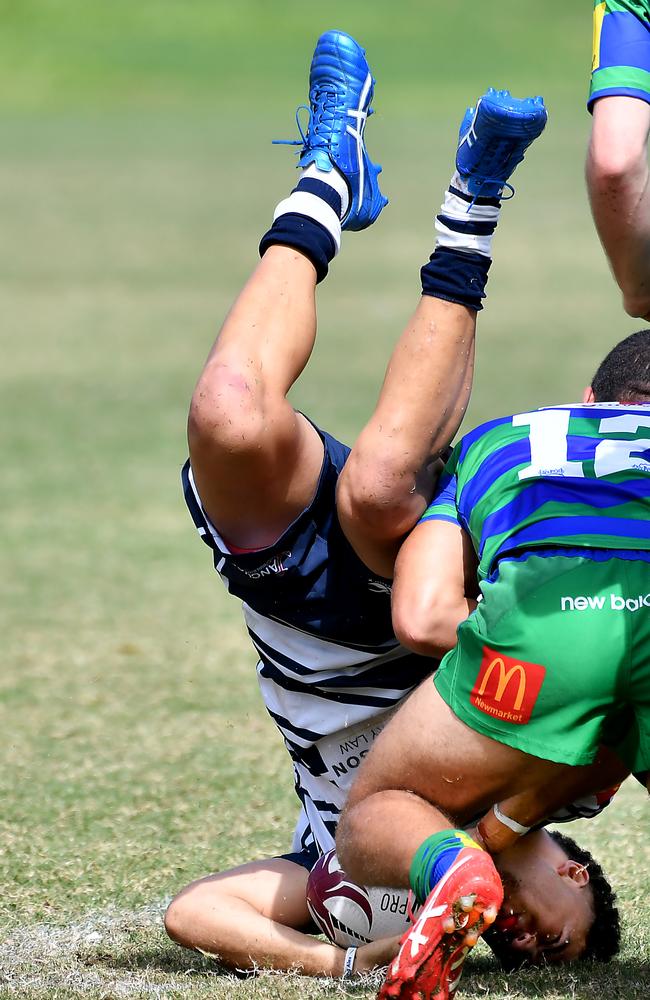 Brothers player Athen Waia-McGuiggan tackled by Gus Rosanowski in their encounter earlier in the season. Picture, John Gass