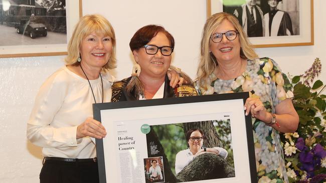 L-R: Harvey Norman chief executive Katie Page with overall winner Sharon Winsor, and Herald and Weekly Times chairman Penny Fowler.