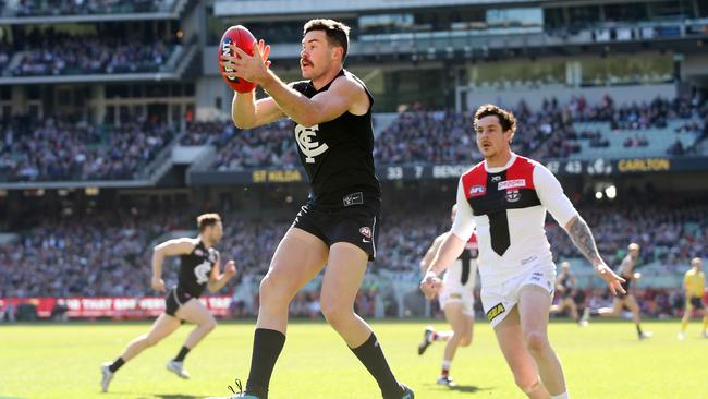 Mitch McGovern takes a mark on the lead against St Kilda last year. Picture: Michael Klein