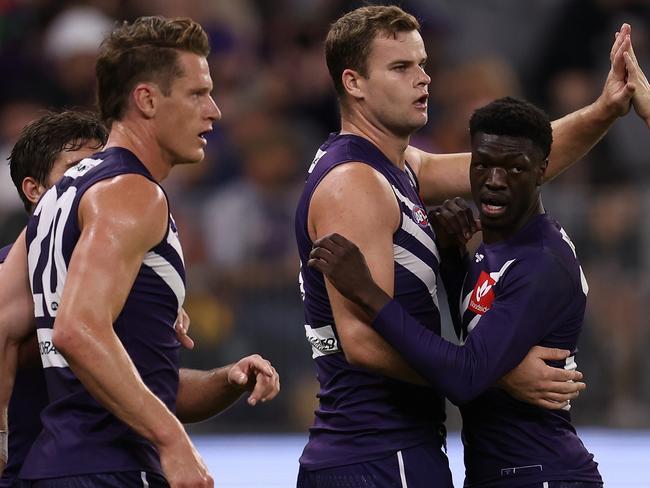 PERTH, AUSTRALIA - APRIL 23: Sean Darcy of the Dockers celebrates a goal during the round six AFL match between the Fremantle Dockers and the Carlton Blues at Optus Stadium on April 23, 2022 in Perth, Australia. (Photo by Paul Kane/Getty Images)