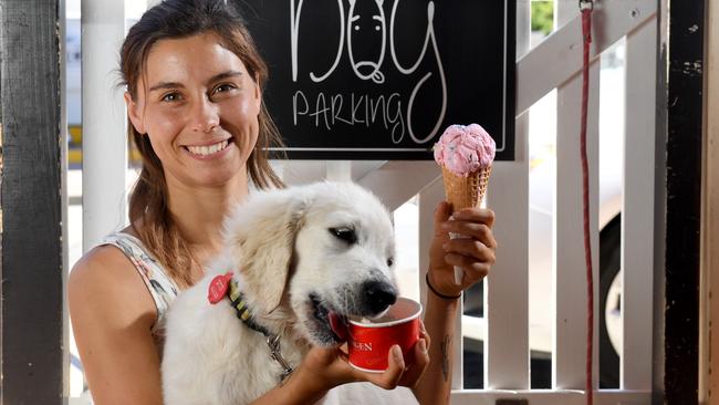 Candice Karamanis and her puppy Charlie enjoy ice creams at Royal Copenhagen, Brighton. Picture: Tricia Watkinson