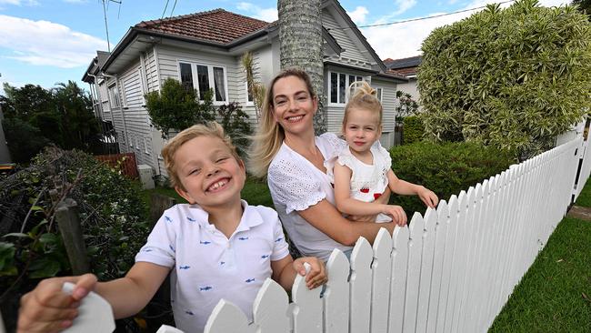 Anna Hilton, with children George, 6, and Pippi, 3, is hoping to get on the property ladder in Brisbane this year as prices are forecast to rise. Picture: Lyndon Mechielsen