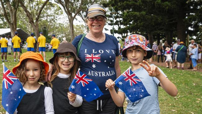 Lorraine Edwards with her grandkids (from left) Sophia, Isabella and Isaac Tracy at Toowoomba Australia Day celebrations at Picnic Point, Sunday, January 26, 2025. Picture: Kevin Farmer