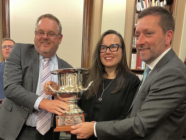 Winners are grinners: The National’s Tim Bull, Labor’s Harriet Shing and Liberal Matthew Guy.