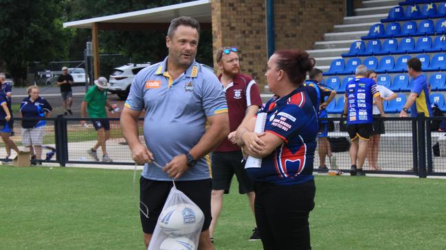 EXPERT ADVICE At the Gold Coast Titans special coaching clinic, Kyogle U16s coach Carina Guiney sought advice from Titans assistant coach Jim Lenihan. Photo: Alison Paterson