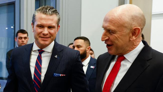 US Defence Secretary Pete Hegseth, left, and his British counterpart John Healey in Brussels. Picture: AFP