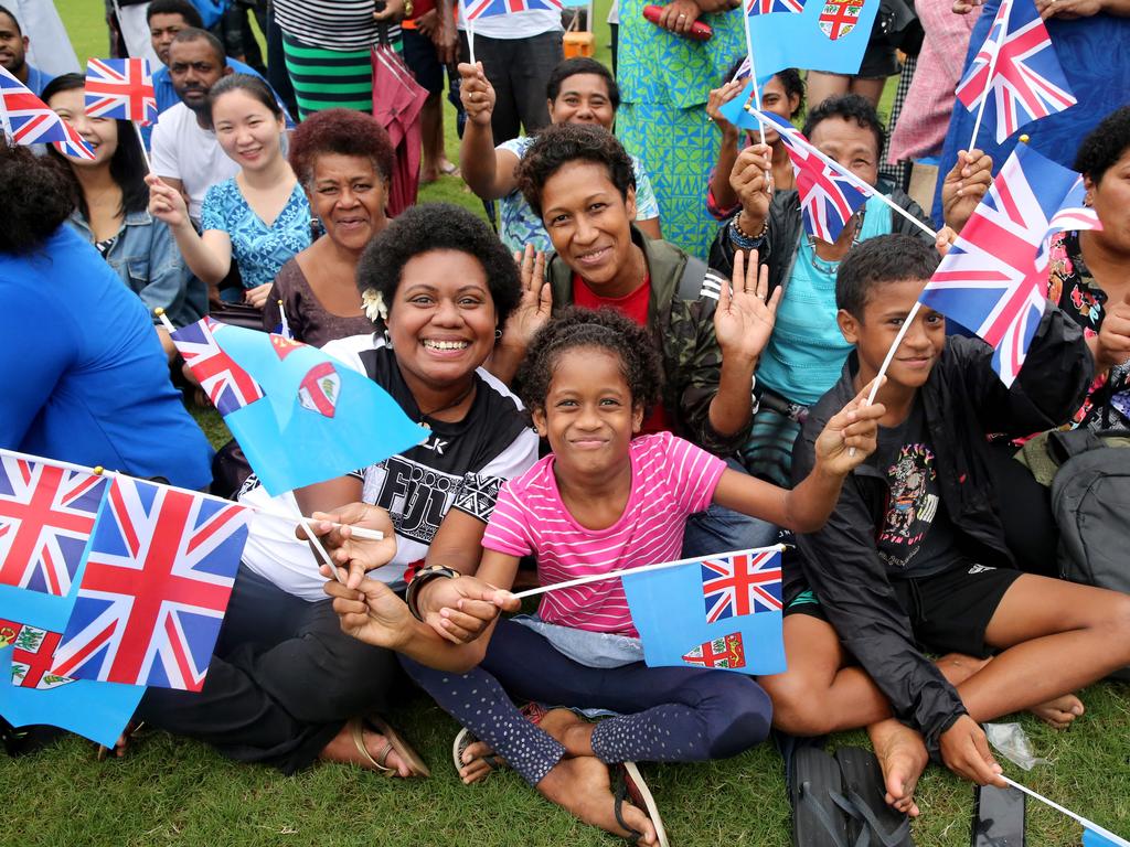 Crowds gather for the arrival of The Duke and Duchess of Sussex, Prince Harry and Meghan at Prince Albert Park in Suva for their traditional welcome to Fiji. Picture: Nathan Edwards.