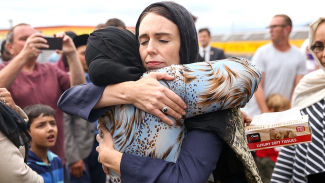 WELLINGTON, NEW ZEALAND - MARCH 17: Prime Minister Jacinda Ardern hugs a mosque-goer at the Kilbirnie Mosque on March 17, 2019 in Wellington, New Zealand. 50 people are confirmed dead and 36 are injured still in hospital following shooting attacks on two mosques in Christchurch on Friday, 15 March. The attack is the worst mass shooting in New Zealand's history. (Photo by Hagen Hopkins/Getty Images) ***BESTPIX***