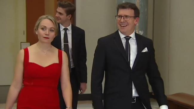 Federal member of parliament Alan Tudge arrives at the 2017 Midwinter Ball in the company of Liberal staffer Rachelle Miller who he was having an affair with.