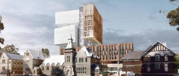 An artist’s impression of the proposed high-rise high school for Surry Hills.