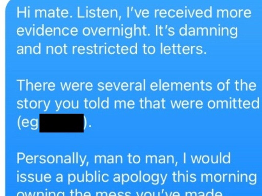 Screenshot of texts sent by a staffer to a former Liberal MP, claiming he had "proof" the man had an extramarital affair