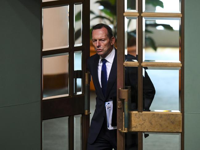 Former Australian Prime Minister Tony Abbott arrives during House of Representatives Question Time at Parliament House in Canberra, Wednesday, August 22, 2018.  (AAP Image/Lukas Coch) NO ARCHIVING