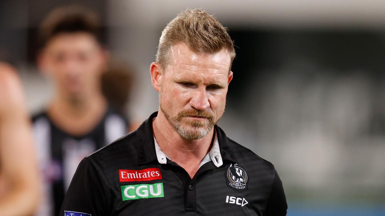 BRISBANE, AUSTRALIA - OCTOBER 10: Nathan Buckley, Senior Coach of the Magpies looks on during the 2020 AFL First Semi Final match between the Geelong Cats and the Collingwood Magpies at The Gabba on October 10, 2020 in Brisbane, Australia. (Photo by Michael Willson/AFL Photos via Getty Images)