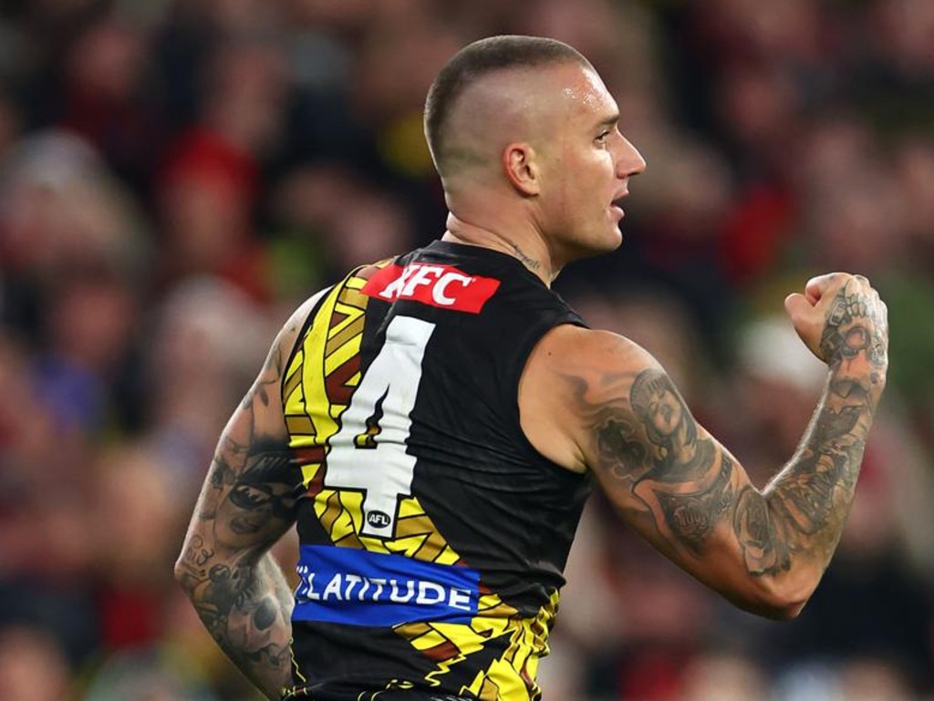 Dustin Martin celebrates one of his 338 career goals. Picture: Quinn Rooney/Getty Images