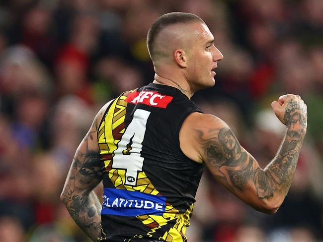 Dustin Martin celebrates one of his 338 career goals. Picture: Quinn Rooney/Getty Images