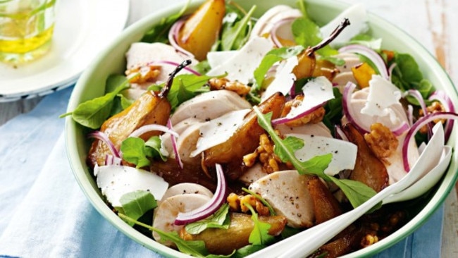 Poached Chicken Salad With Maple-baked Pears 