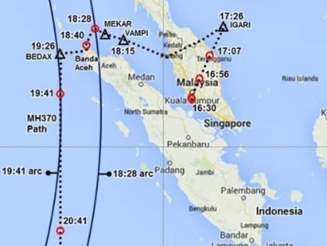 A map showing the estimated flight path of MH370 based on radar data. Note the IGARI point. Graphic Victor Iannello