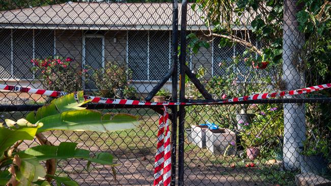 NT Police is investigating the shooting deaths of two Top End residents in Millner and Karama. Pictured is the crime scene established on Sprigg St, Millner. Picture: Pema Tamang Pakhrin